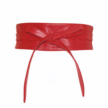 Donnain Soft Sheepskin Fashion Bow-Knot Decorative Elegant Black Wide Belt High Quality