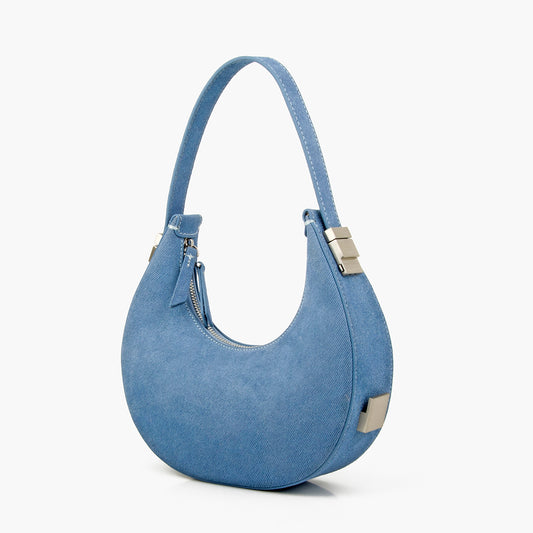 Customized Denim Pattern Genuine Leather Crescent Hobo Handbags