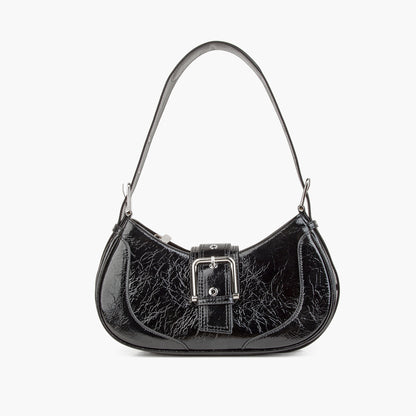 Black Shine Leather Buckle Hobo Bags