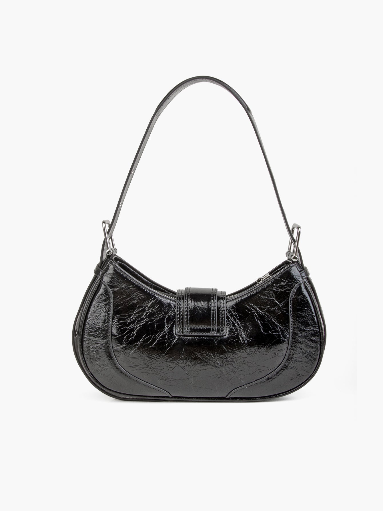 Black Shine Leather Buckle Hobo Bags