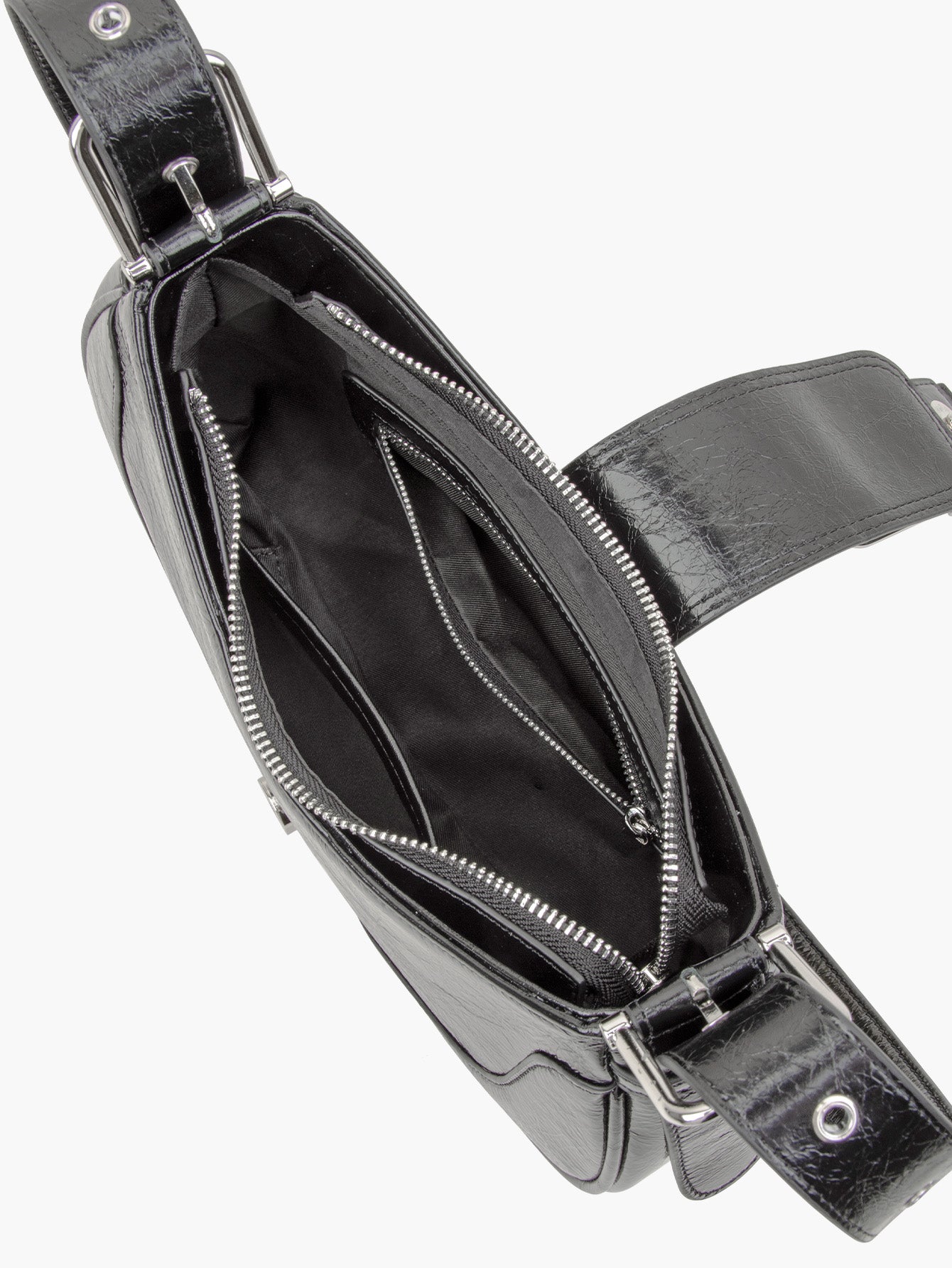 Black Shine Leather Buckle Hobo Bags