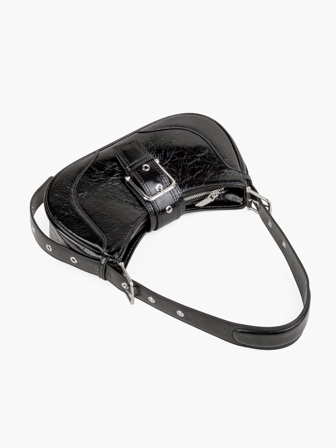 Black Shine Leather Buckle Hobo Bags