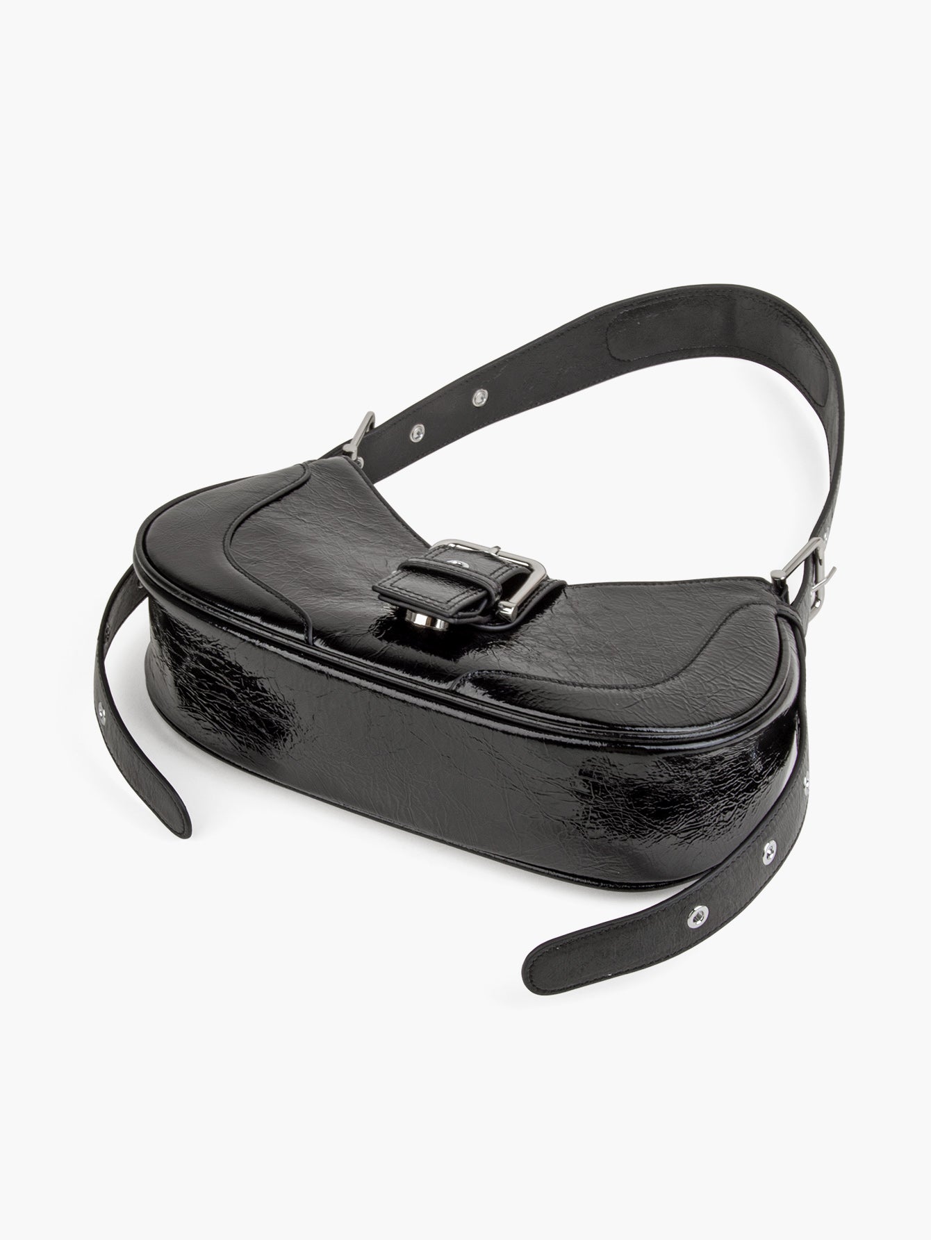 Black Shine Leather Buckle Hobo Bags