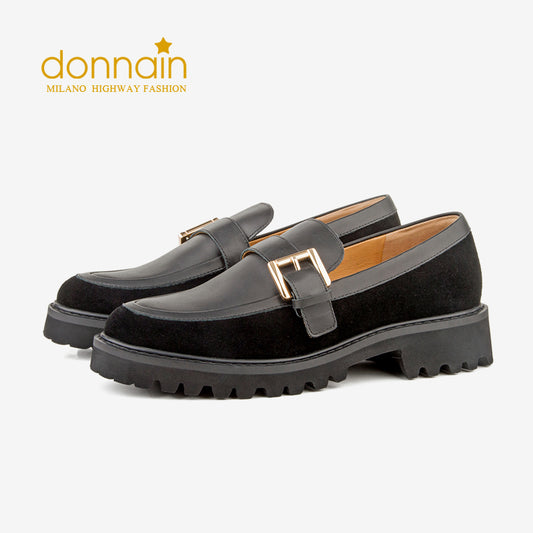 Black Calfskin Platform Buckle Loafers Women