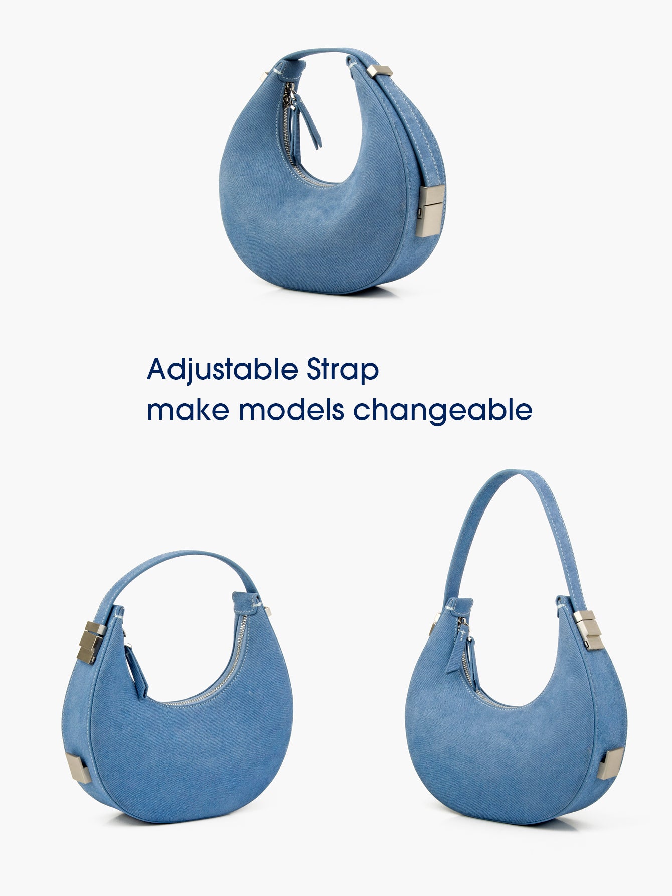 Customized Denim Pattern Genuine Leather Crescent Hobo Handbags